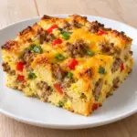 A square of sausage and cheddar breakfast casserole showing its set interior