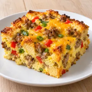 A square of sausage and cheddar breakfast casserole showing its set interior