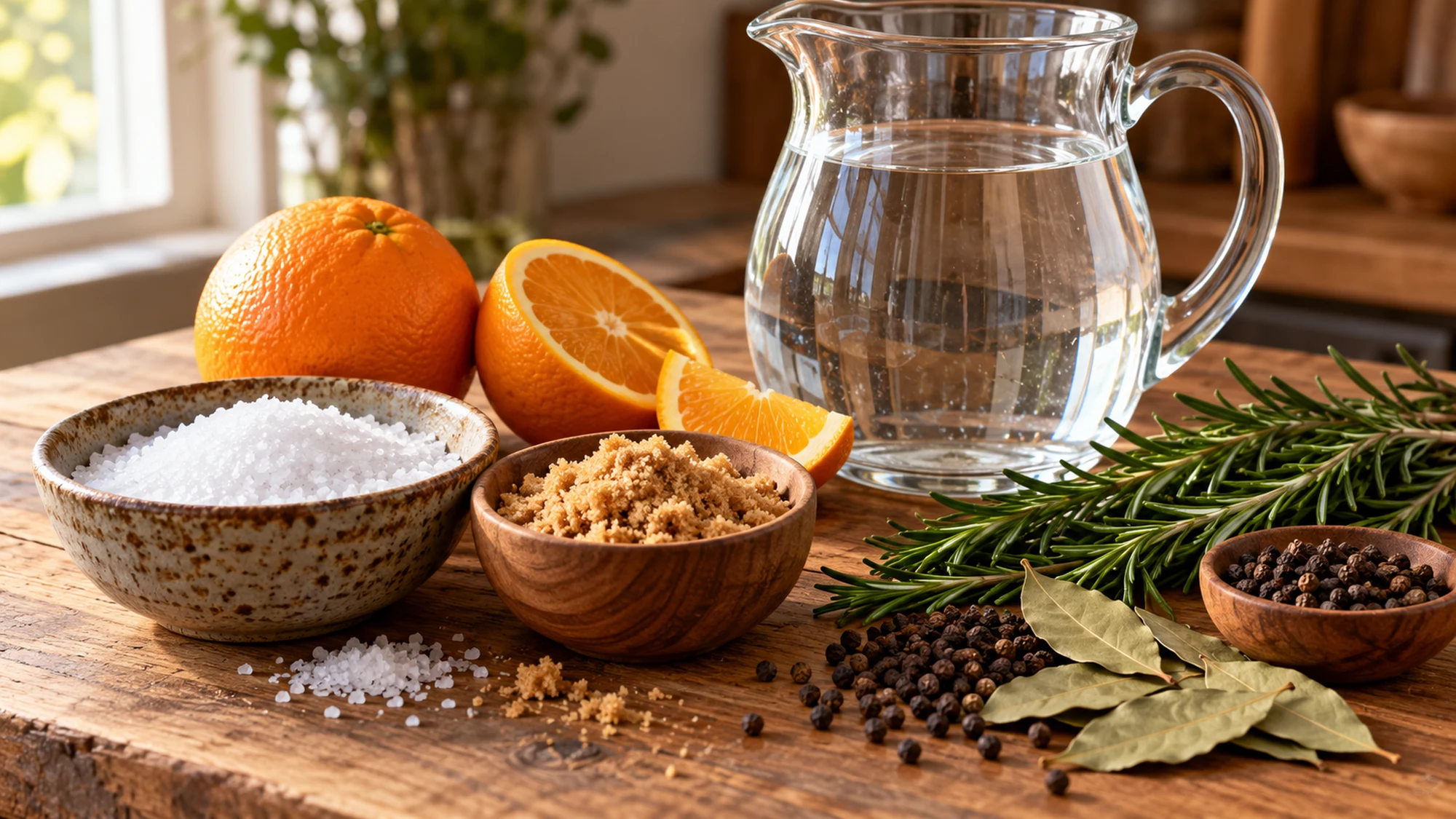 Brine for turkey ingredients including salt, brown sugar and fresh orange