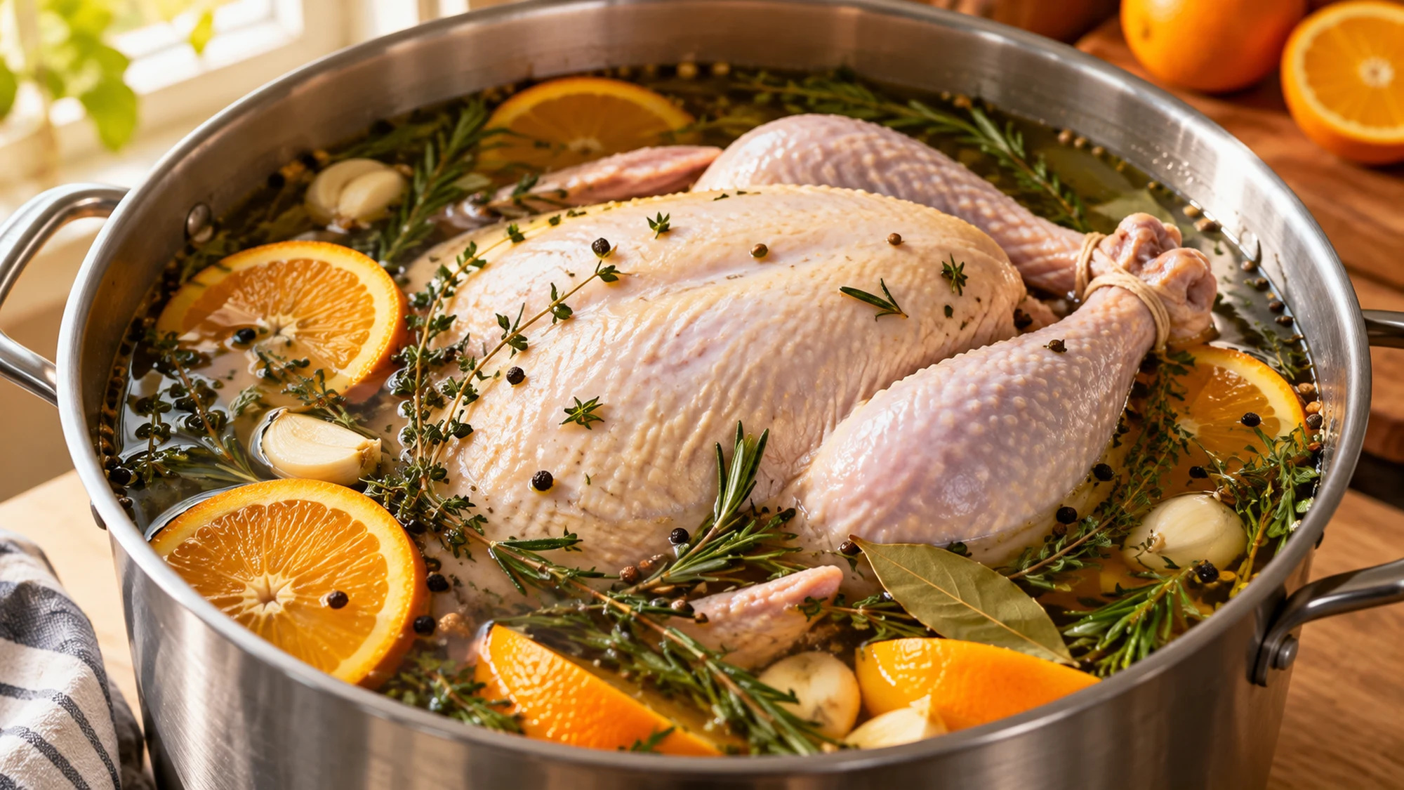 Brine for turkey surrounding an uncooked bird with citrus and herbs