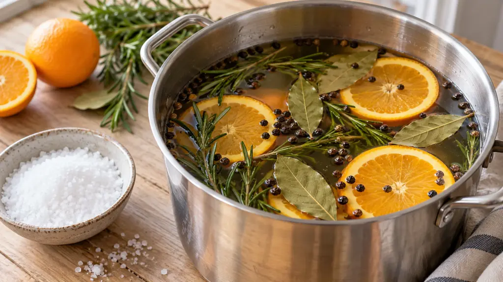 Brine for turkey with orange slices, rosemary, bay leaves and peppercorns