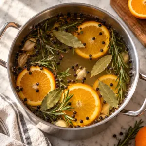 Brine for turkey in a square overhead view of the citrus herb mixture