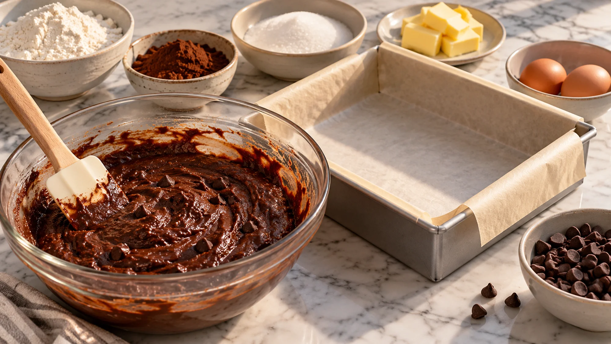 brownie batter beside cocoa, flour, eggs, butter and chocolate chips