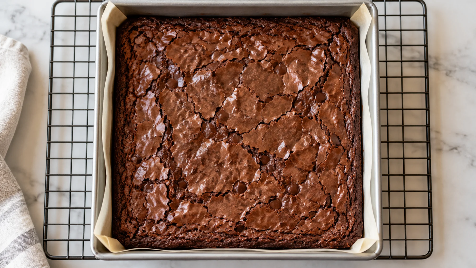 brownie slab cooling in a parchment-lined square metal pan