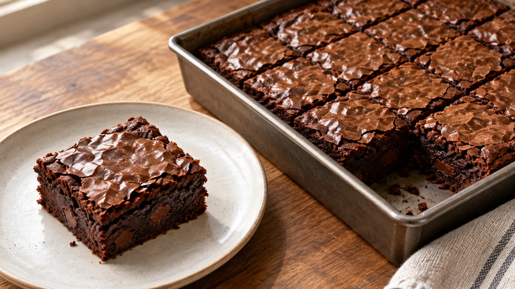 brownie square beside the sliced slab with set chocolate crumb