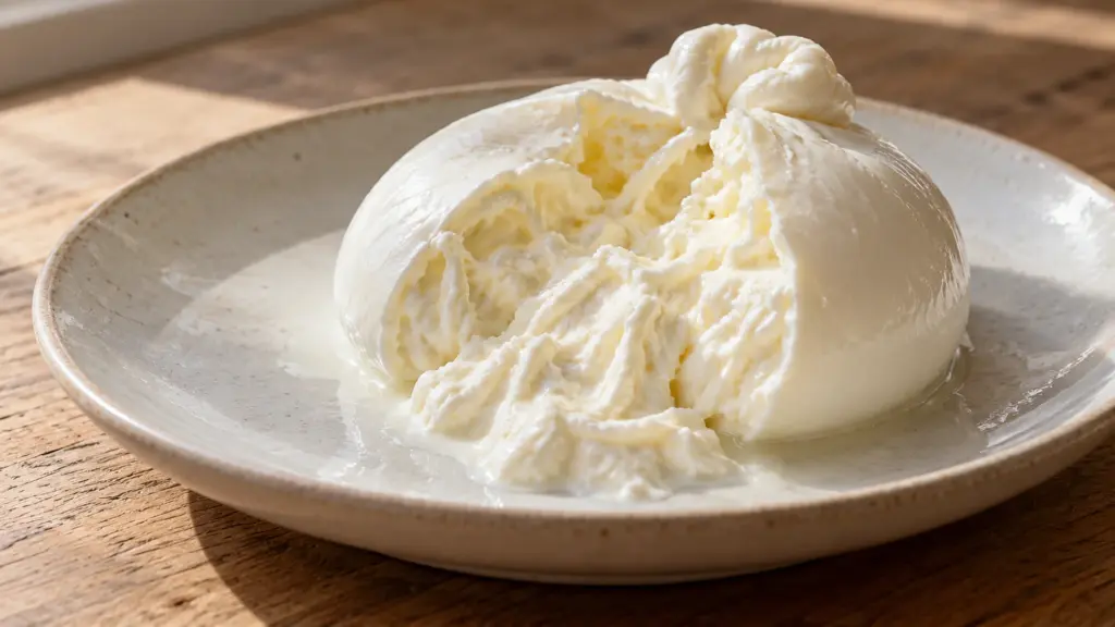 Split burrata with a mozzarella shell and creamy shredded filling