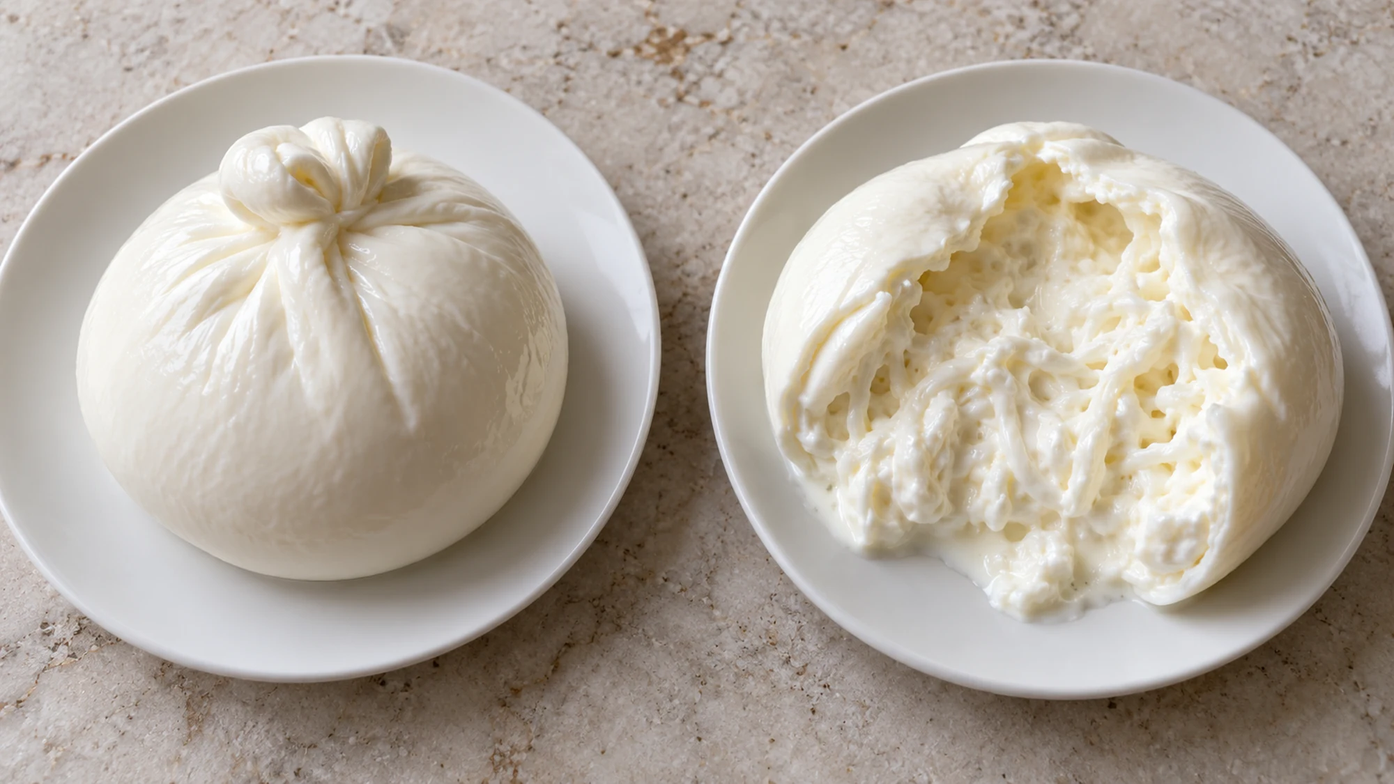 Whole and opened burrata showing the creamy interior