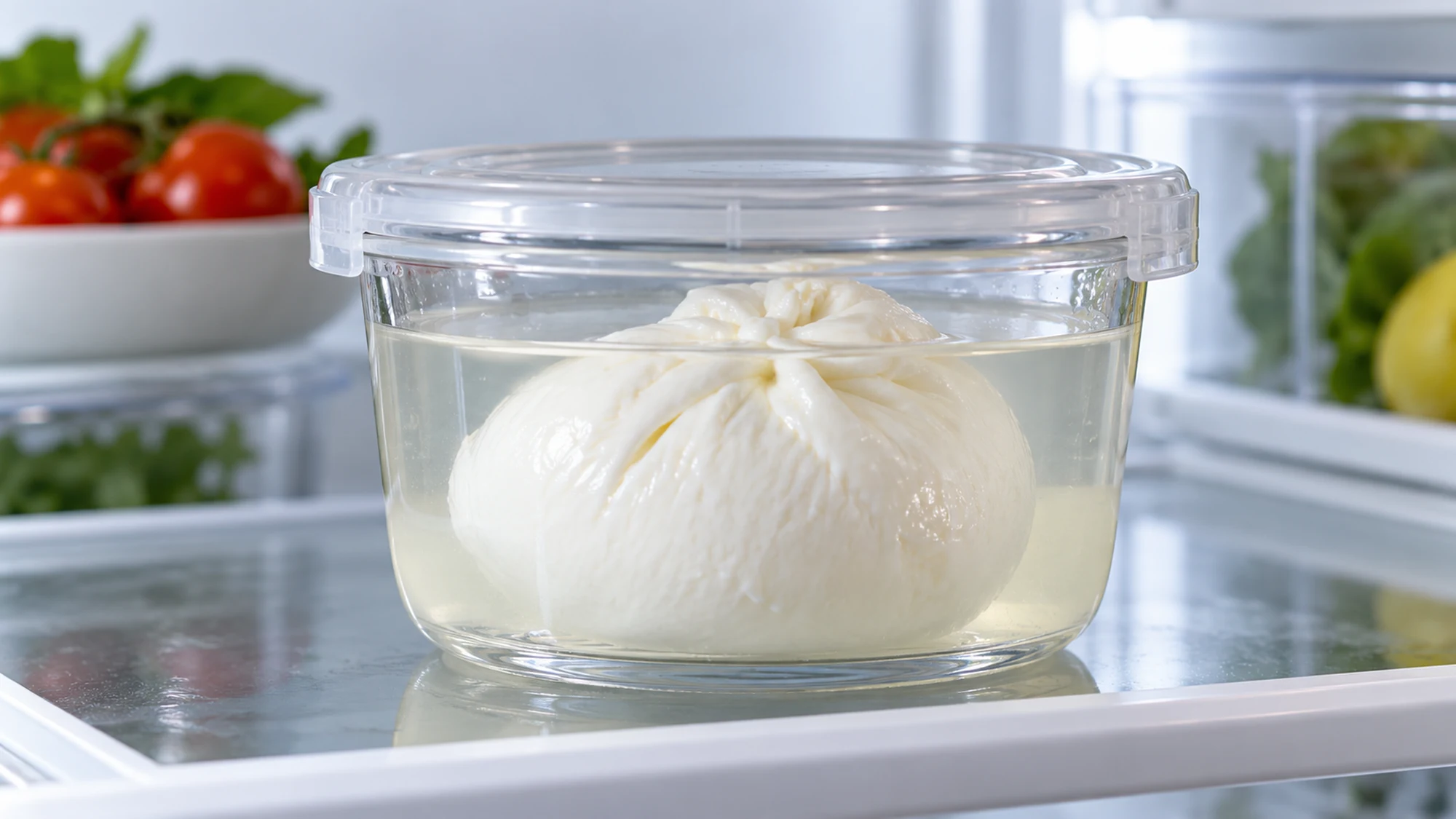 Burrata kept in packing liquid in a closed container in a refrigerator
