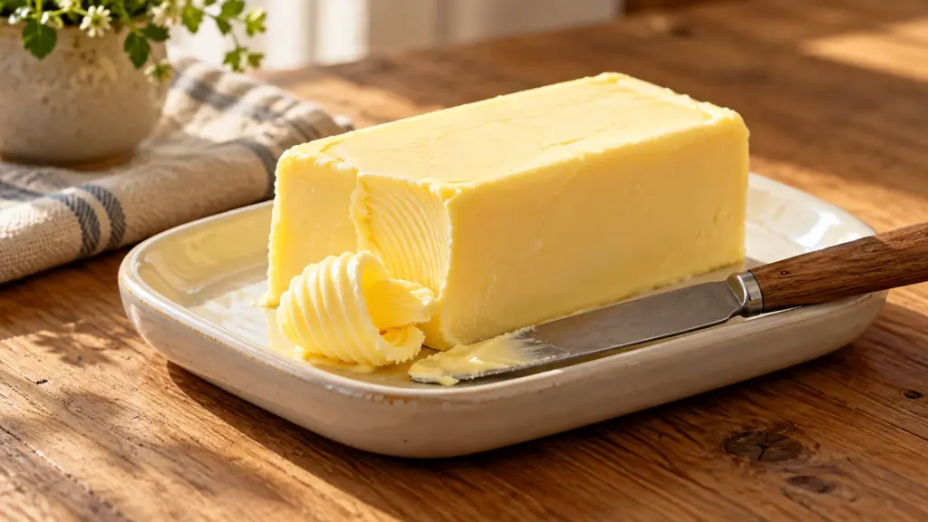 Pale golden butter block and a butter curl on a ceramic dish beside a knife