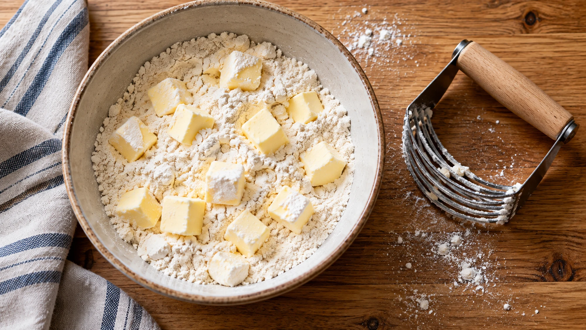 Cold butter cubes scattered into a bowl of flour beside a pastry cutter
