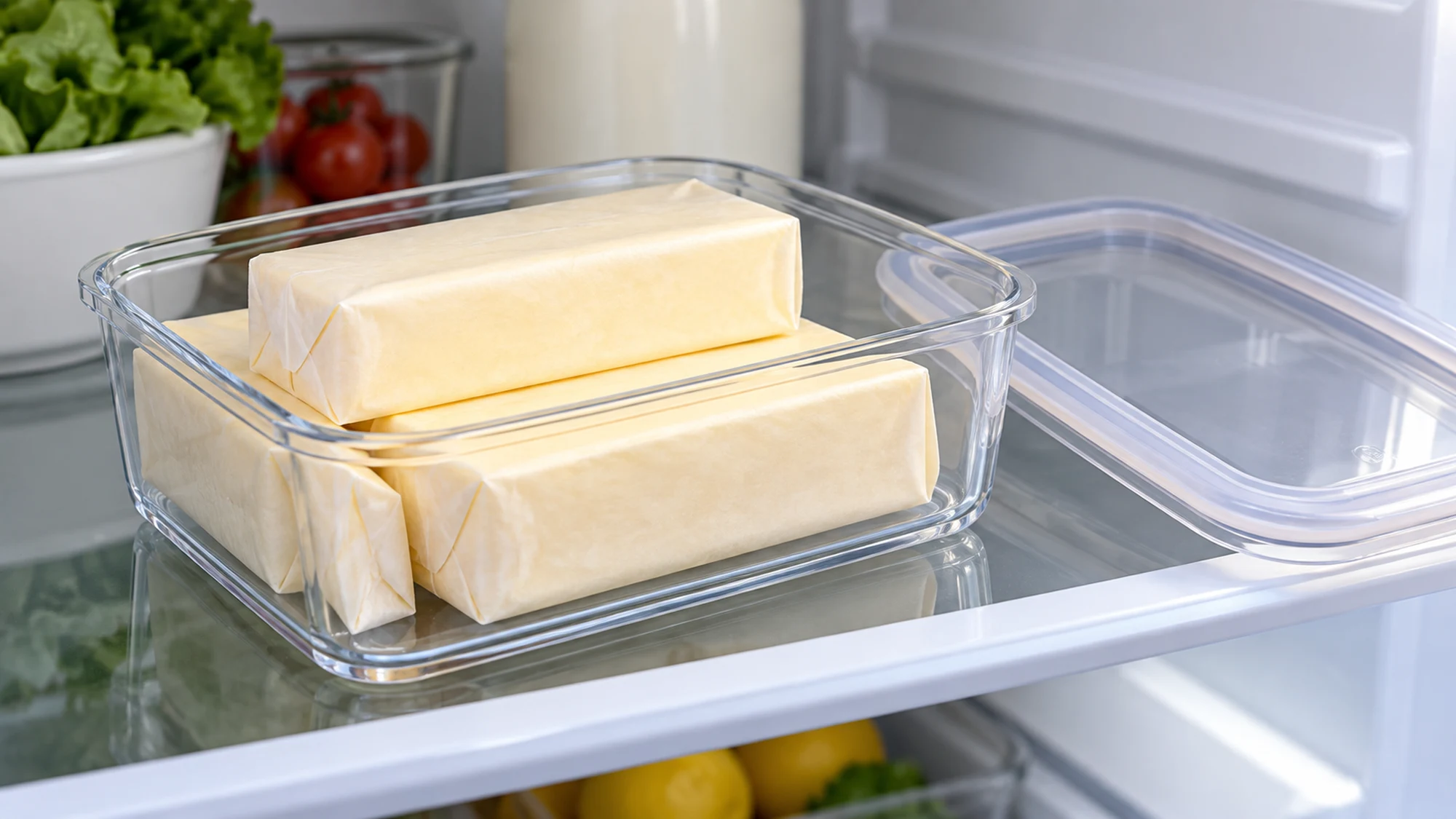 Plain parchment-wrapped butter sticks in an open clear storage container on a refrigerator shelf