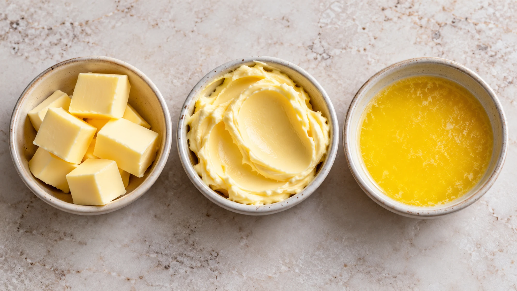 Butter in three dishes showing firm cubes, softened butter and melted butter