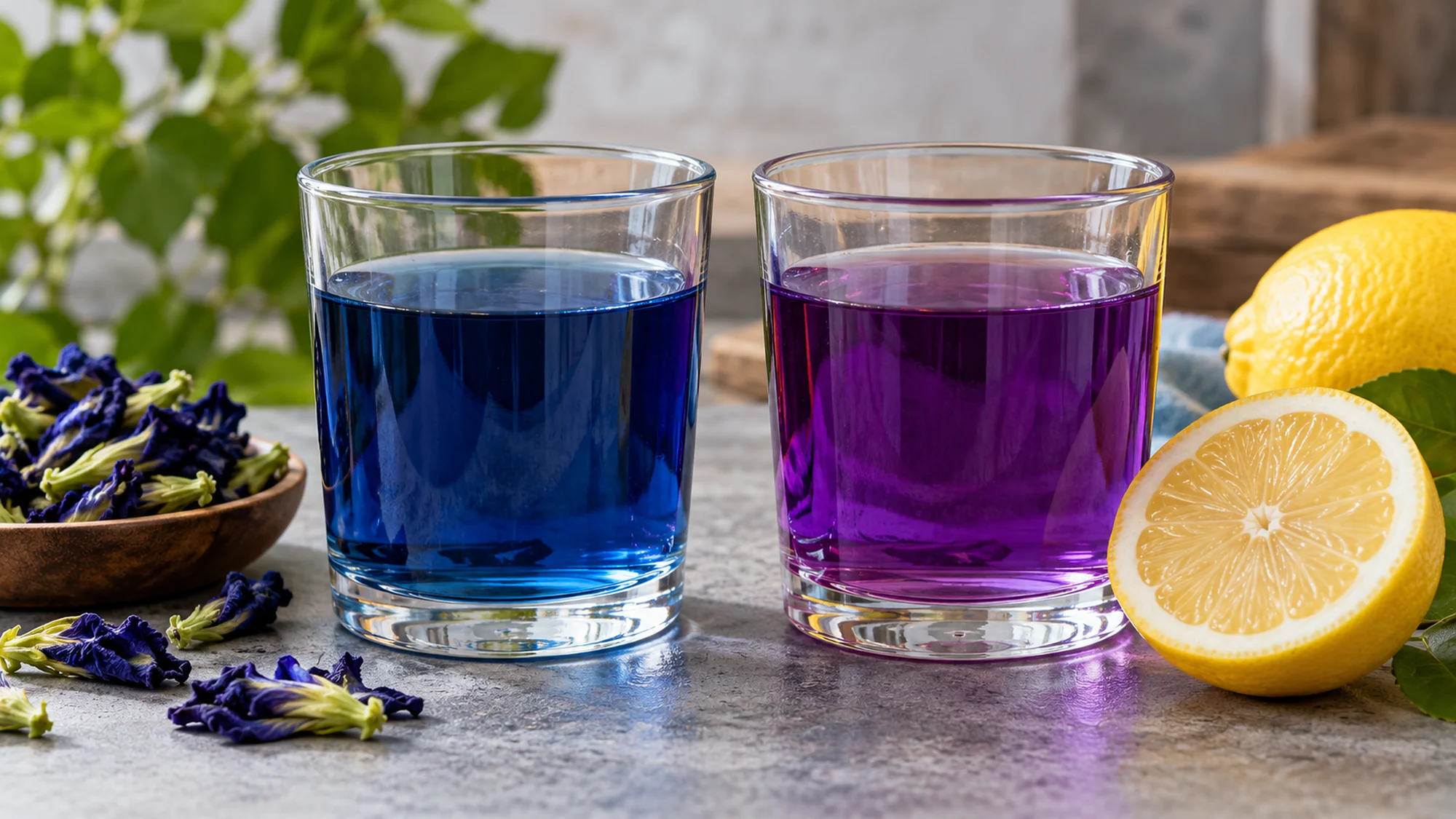 Blue and purple butterfly pea infusions in separate glasses beside cut lemon