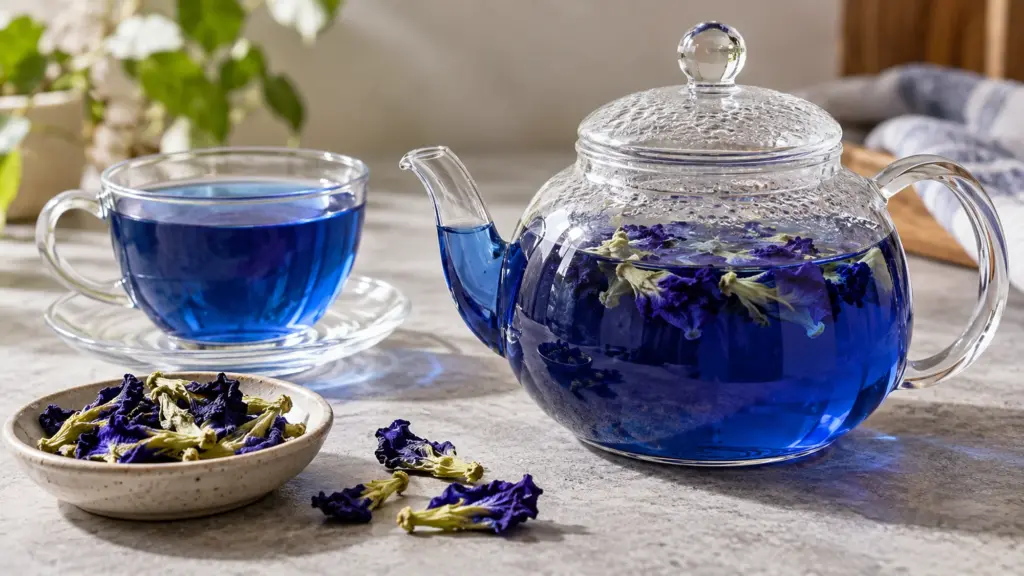 Blue butterfly pea flower infusion in a glass teapot and cup beside dried flowers