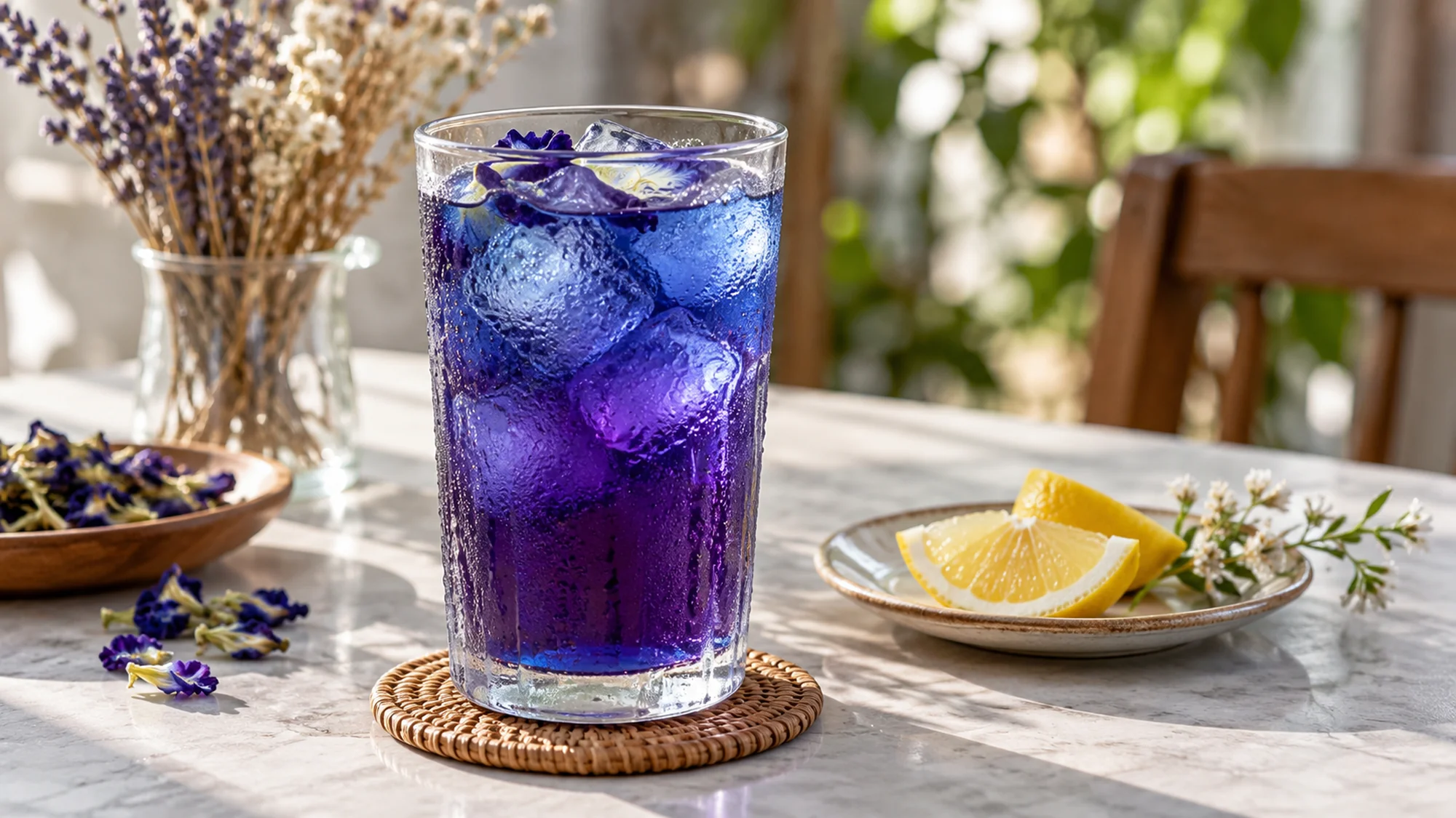 Iced blue-purple butterfly pea tea with lemon wedges on a separate plate