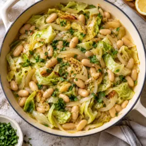 Overhead cabbage and white bean skillet ready to serve