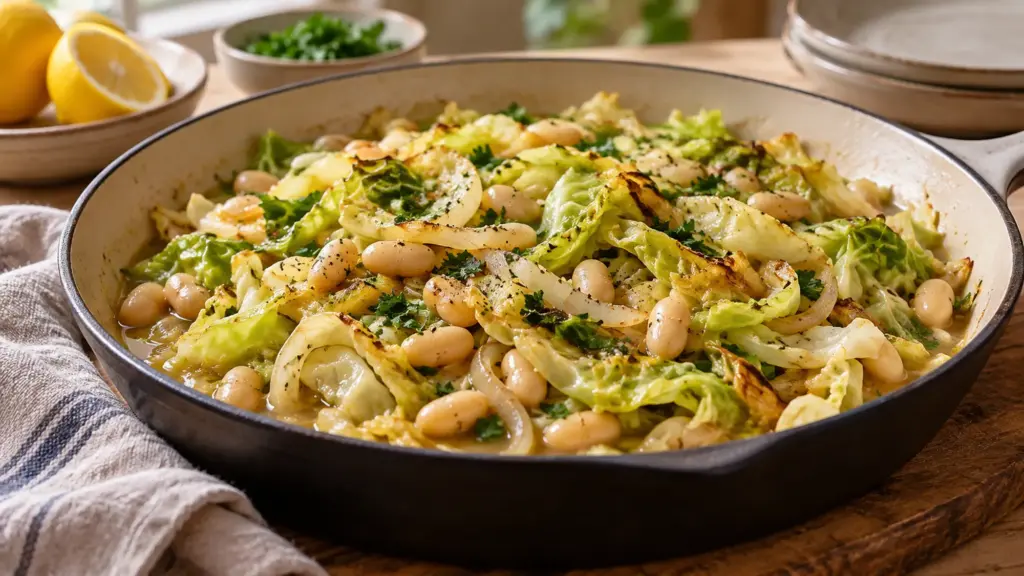 cabbage and white bean skillet served with its measured ingredients