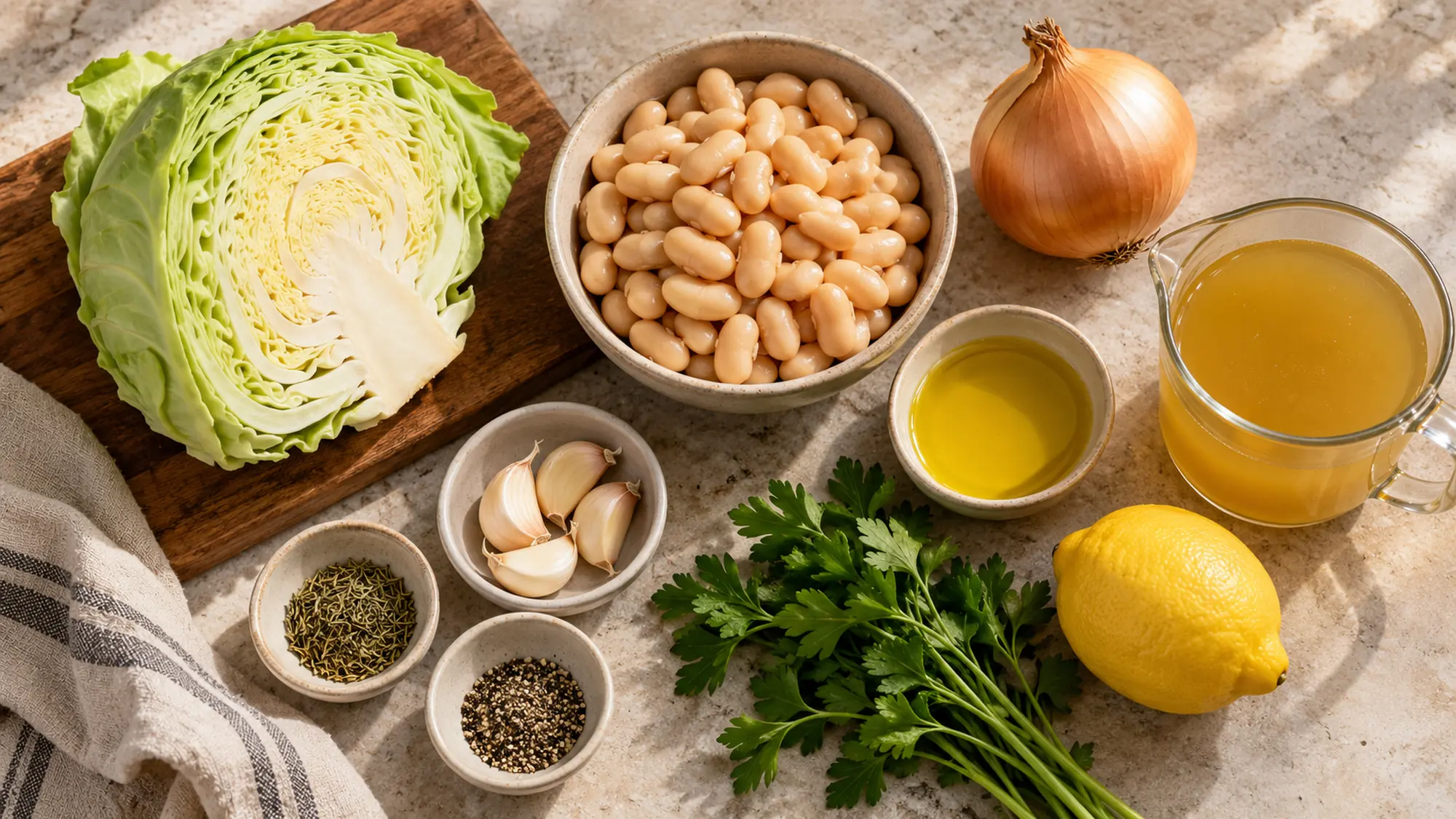 Ingredients for cabbage and white bean skillet arranged before cooking