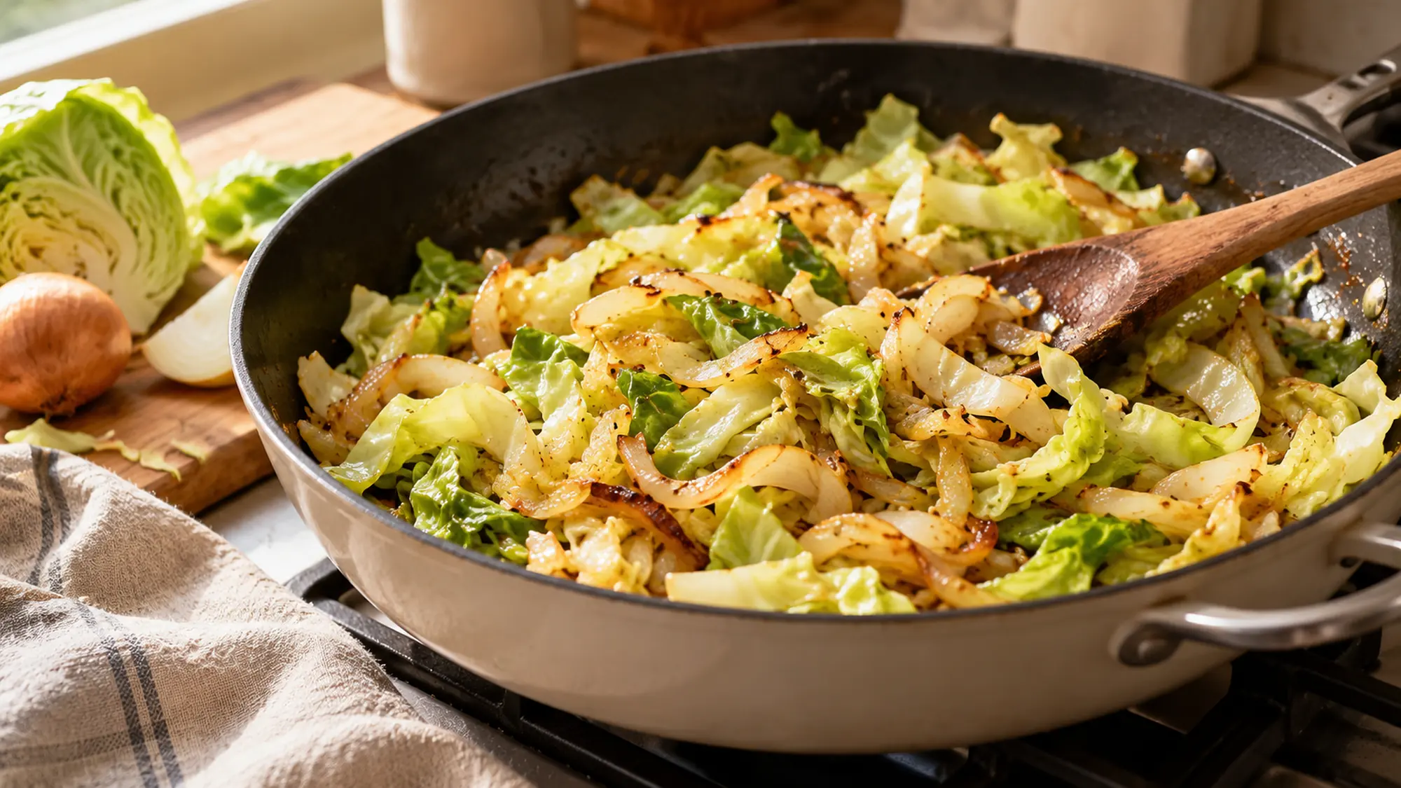 Cooked cabbage ribbons, onion and white beans in a skillet