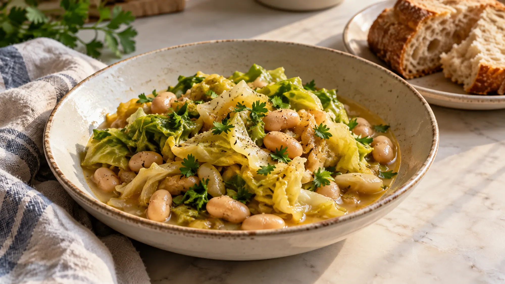 A shallow bowl of braised green cabbage ribbons and cannellini beans in a little lemony broth with parsley, crusty bread on a separate side plate