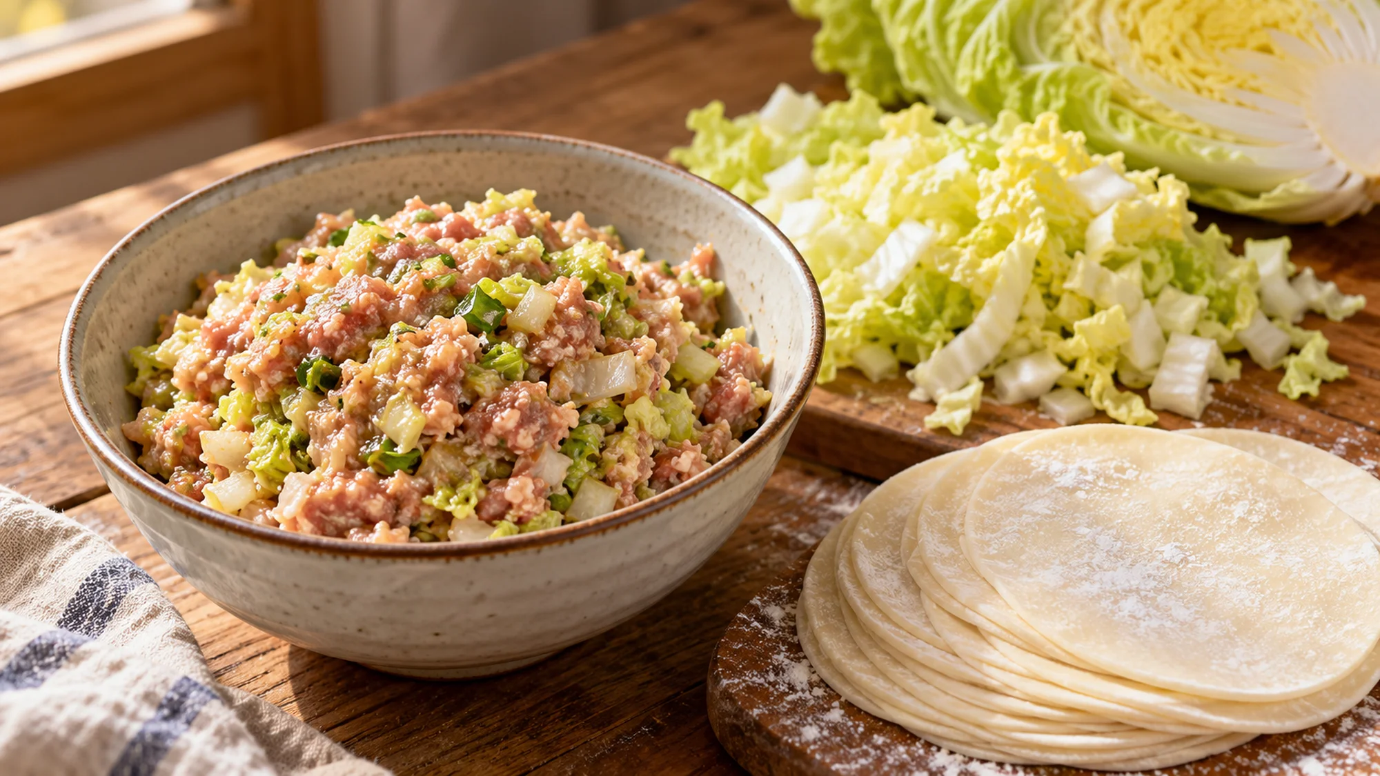 Cabbage dumpling soup filling with pork, napa cabbage and round wrappers