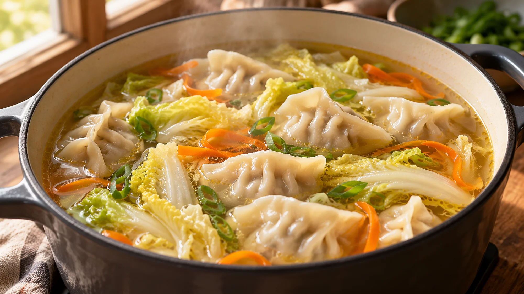 Cabbage dumpling soup simmering in a pot