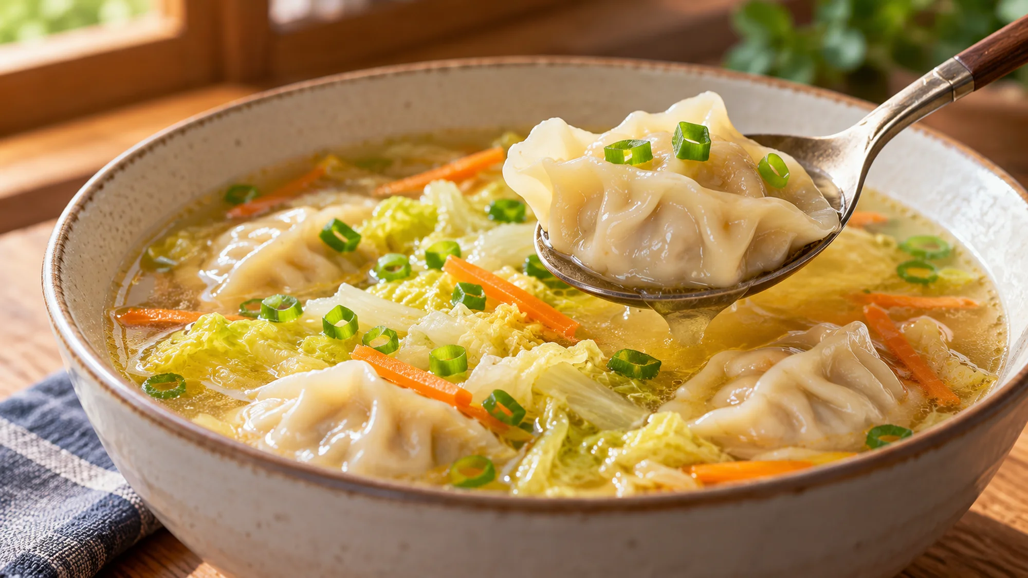 Cabbage dumpling soup with a dumpling lifted on a spoon