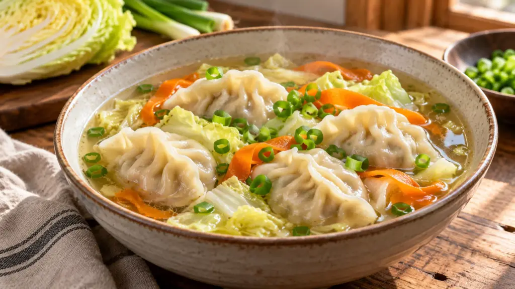 Cabbage dumpling soup with carrot ribbons and scallions