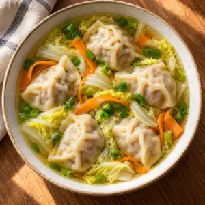 Cabbage dumpling soup in an overhead bowl