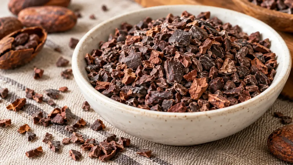 Cacao nibs with irregular dark pieces in a shallow ceramic bowl