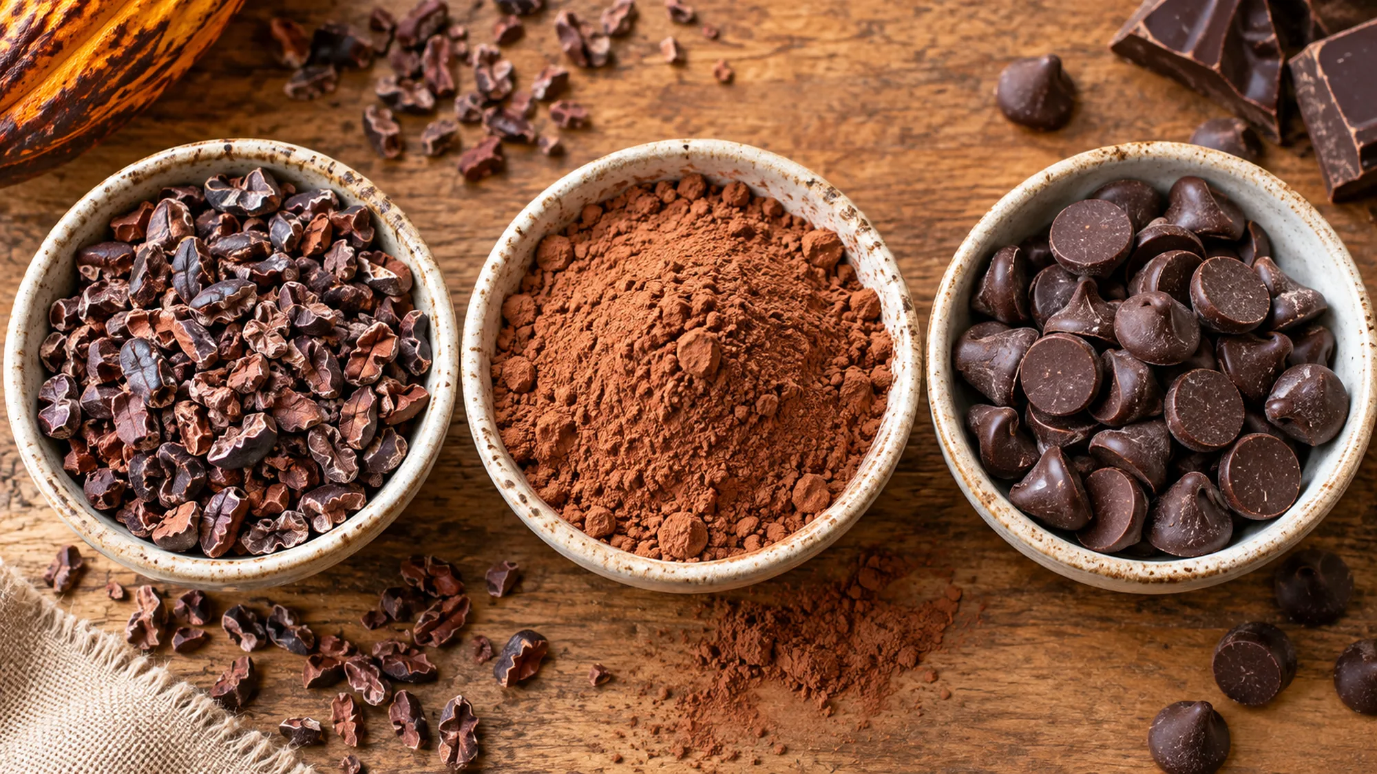 Cacao nibs beside separate bowls of cocoa powder and chocolate chips