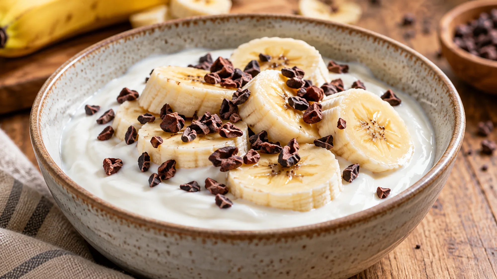 Cacao nibs scattered over yogurt and sliced banana