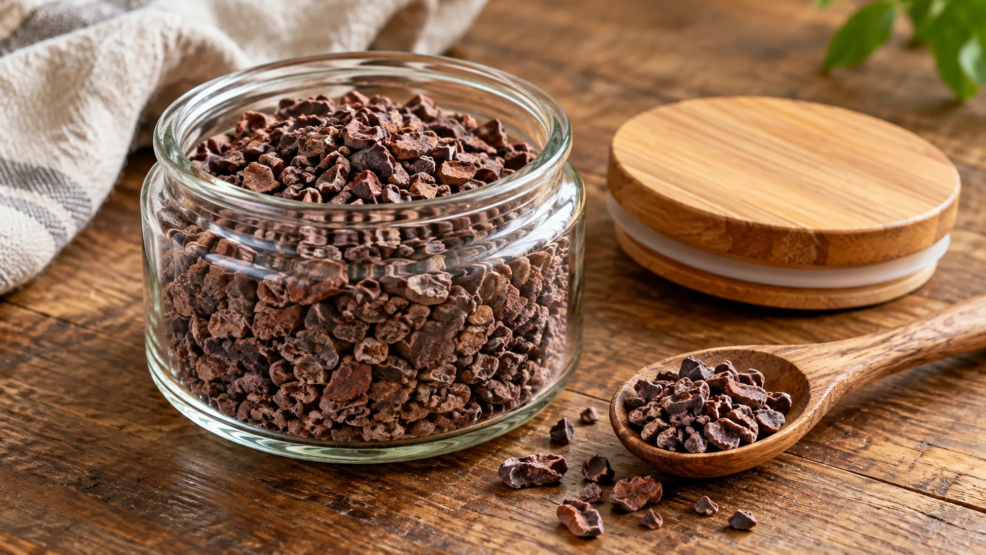 Cacao nibs in an open glass jar beside a wooden spoon