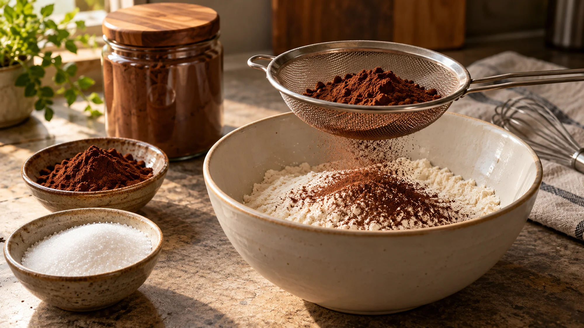 Cocoa powder in a sieve above flour with sugar kept separately