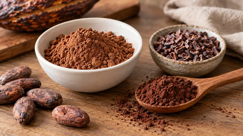 Cocoa powder, cacao nibs and dried beans on a kitchen table