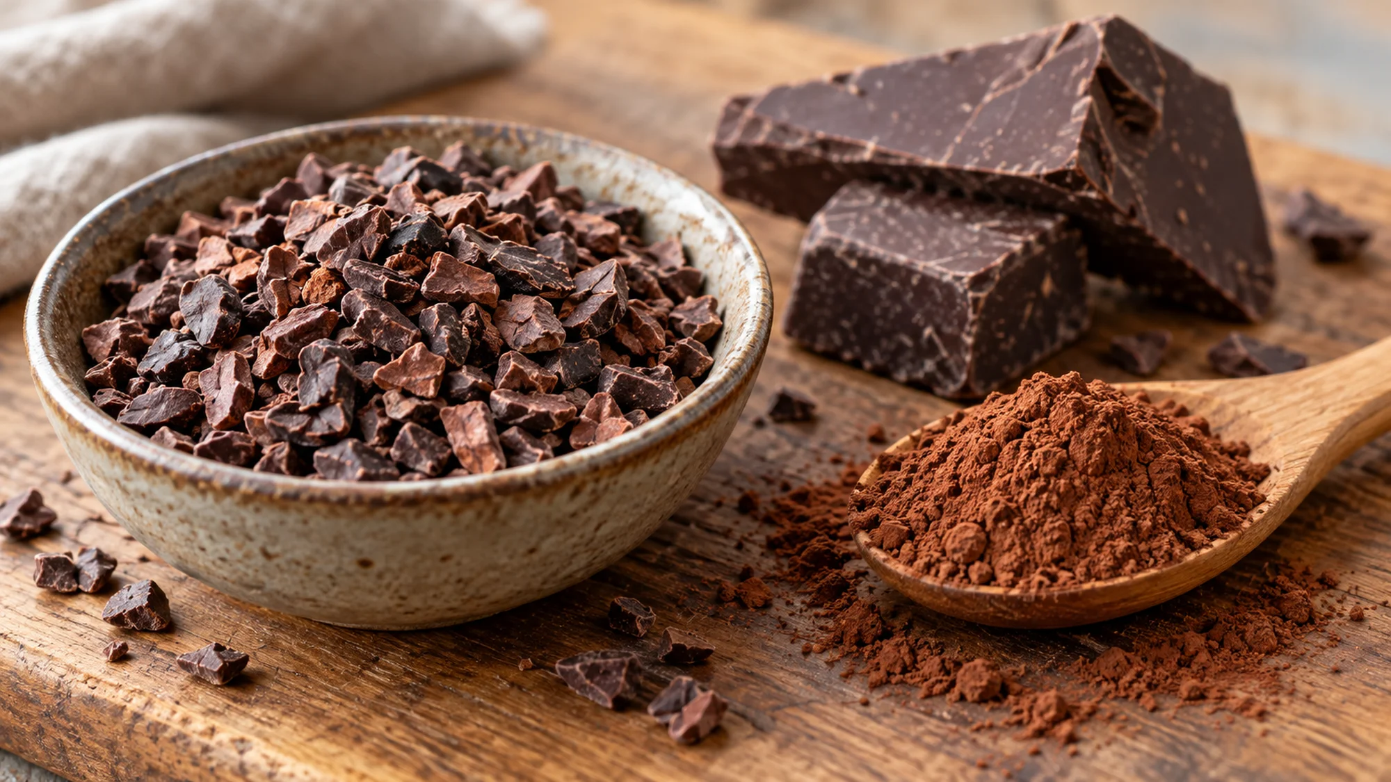 Cacao nibs beside cocoa powder and pieces of solid chocolate