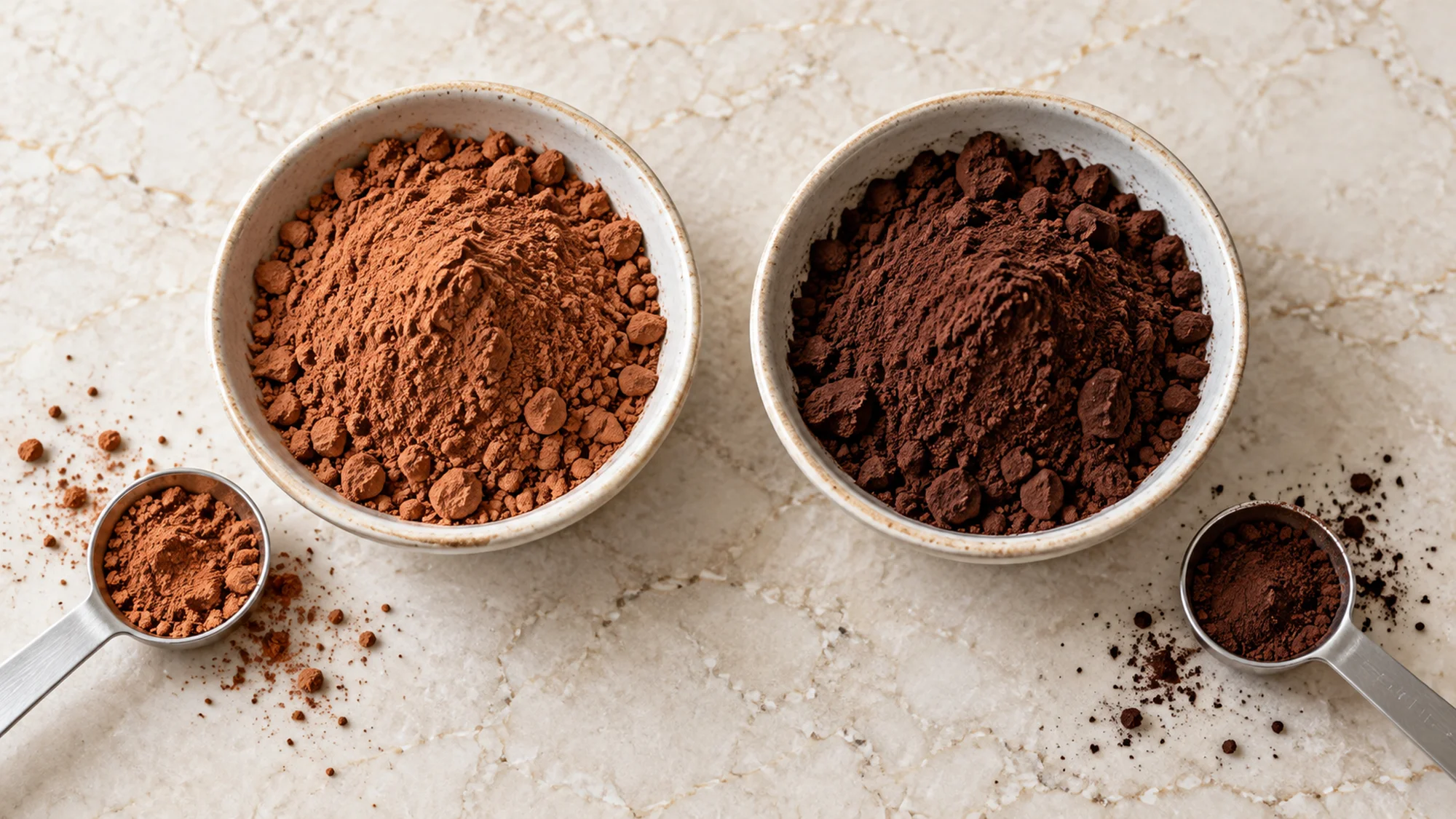 Lighter natural cocoa powder and darker Dutch process powder in bowls