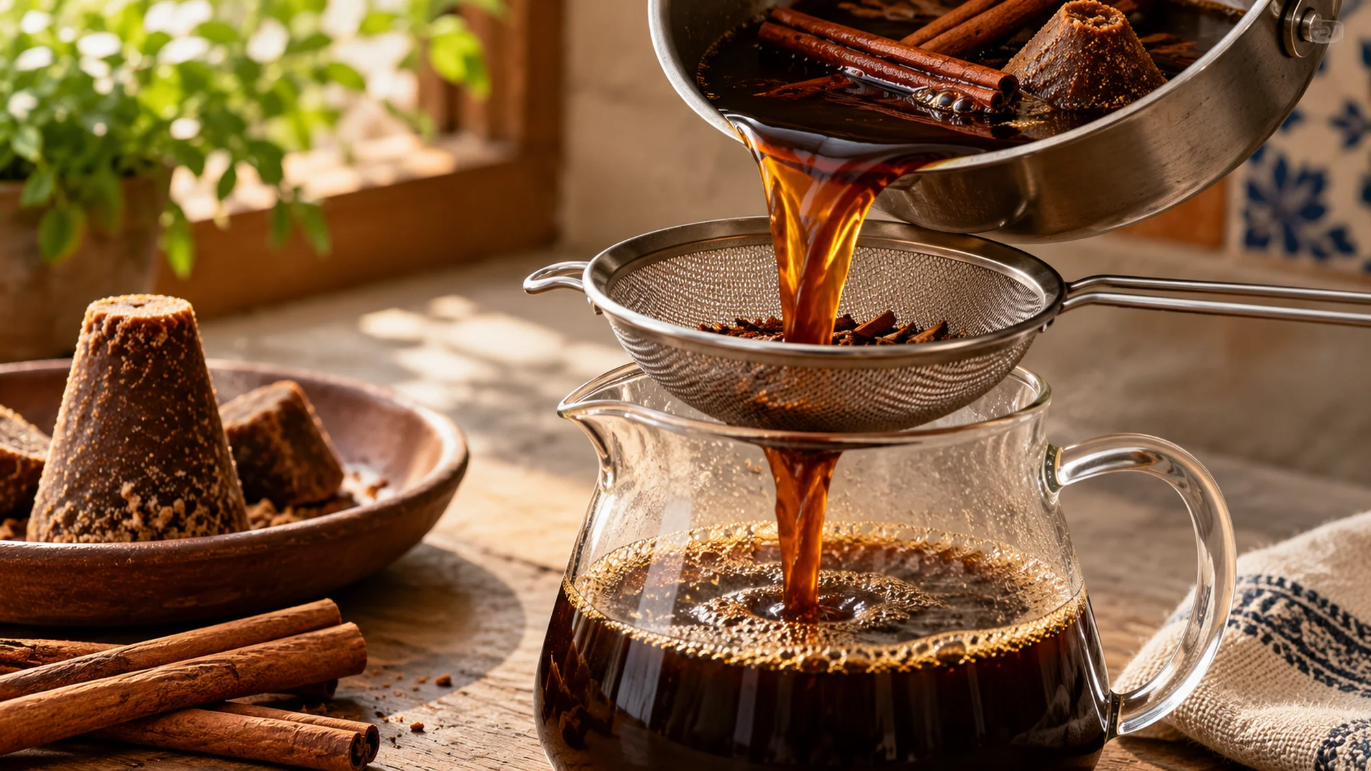 Café de olla being poured through a fine mesh strainer