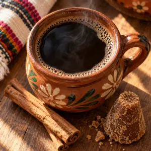 Café de olla in a ceramic cup viewed from above