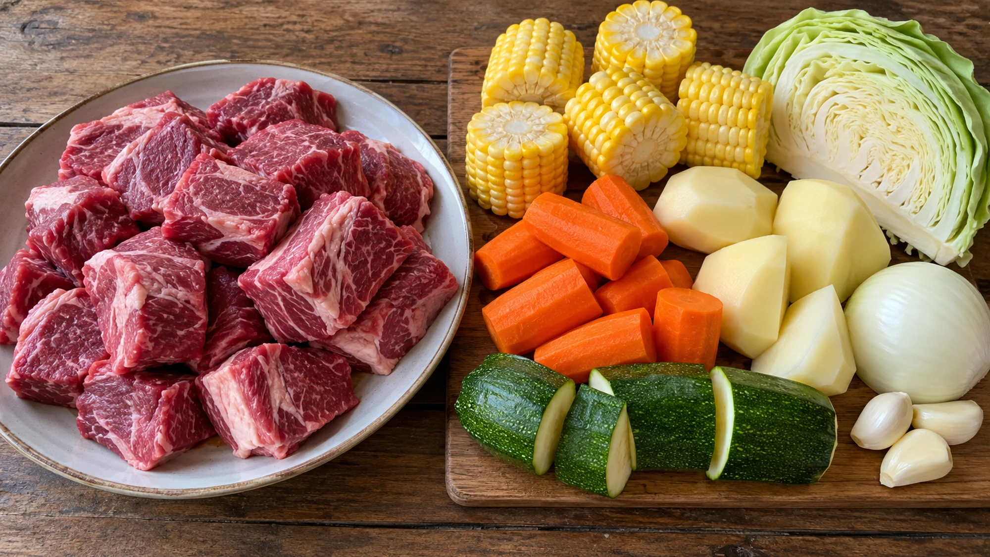Beef chuck and prepared vegetables for caldo de res