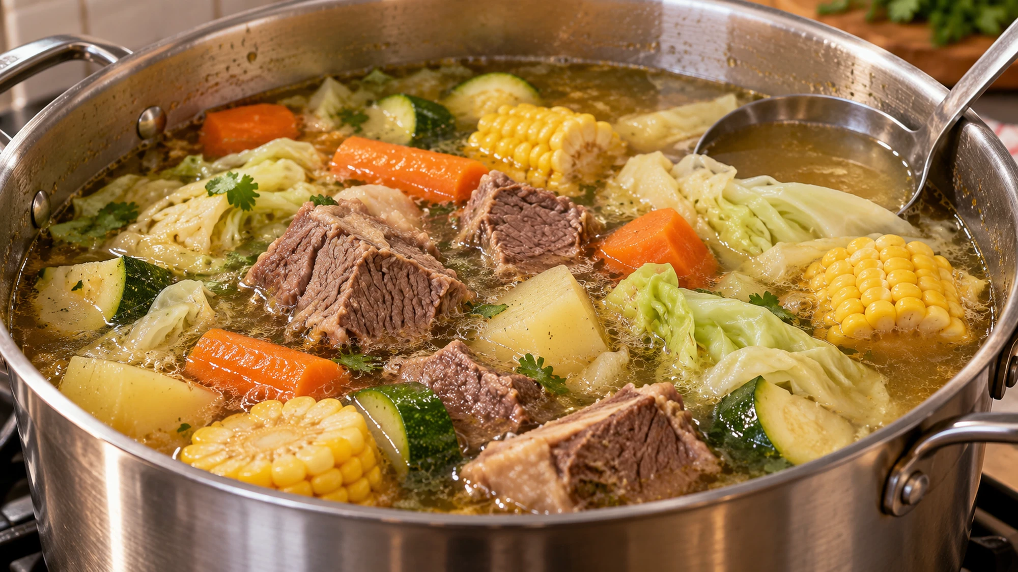 Caldo de res gently simmering in a stockpot