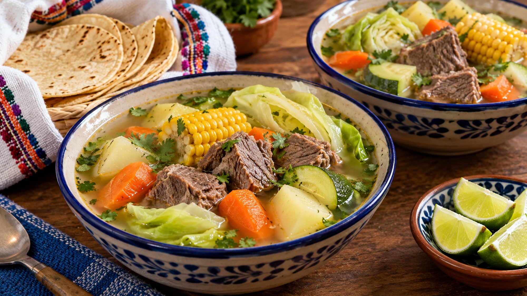 Caldo de res served with lime and tortillas