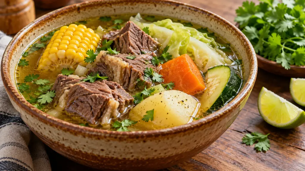 Caldo de res with tender beef, corn, potatoes, cabbage and zucchini