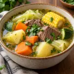 Close view of caldo de res with beef and vegetables