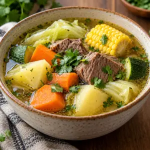 Close view of caldo de res with beef and vegetables
