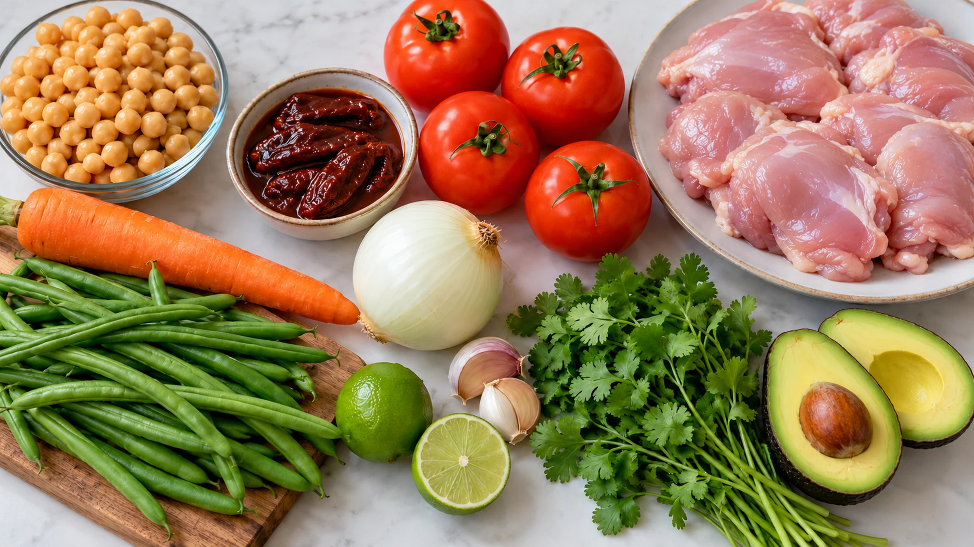 Boneless skinless chicken thighs, chickpeas and vegetables for caldo tlalpeño