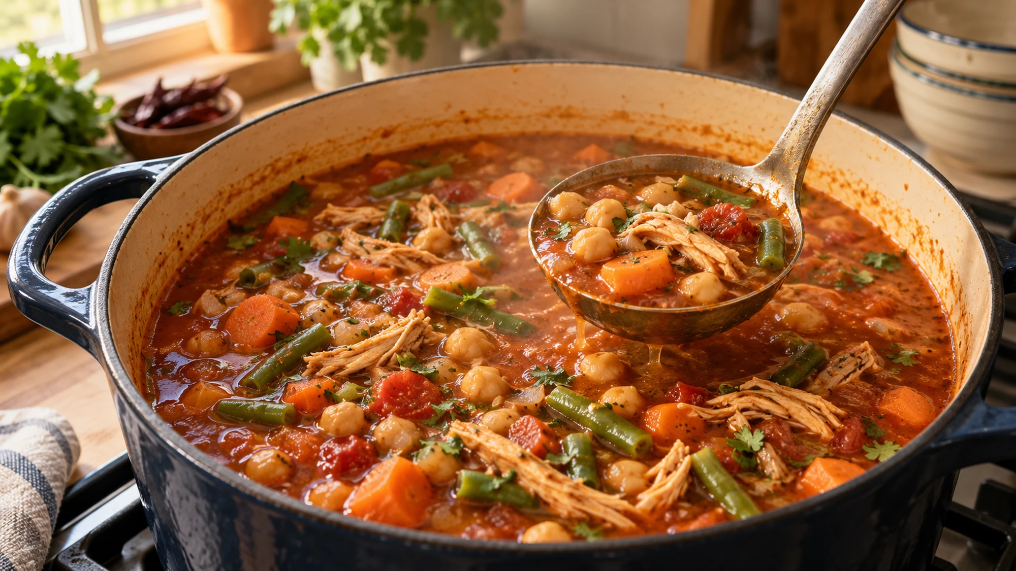 Caldo tlalpeño chicken and vegetables simmering in tomato chipotle broth