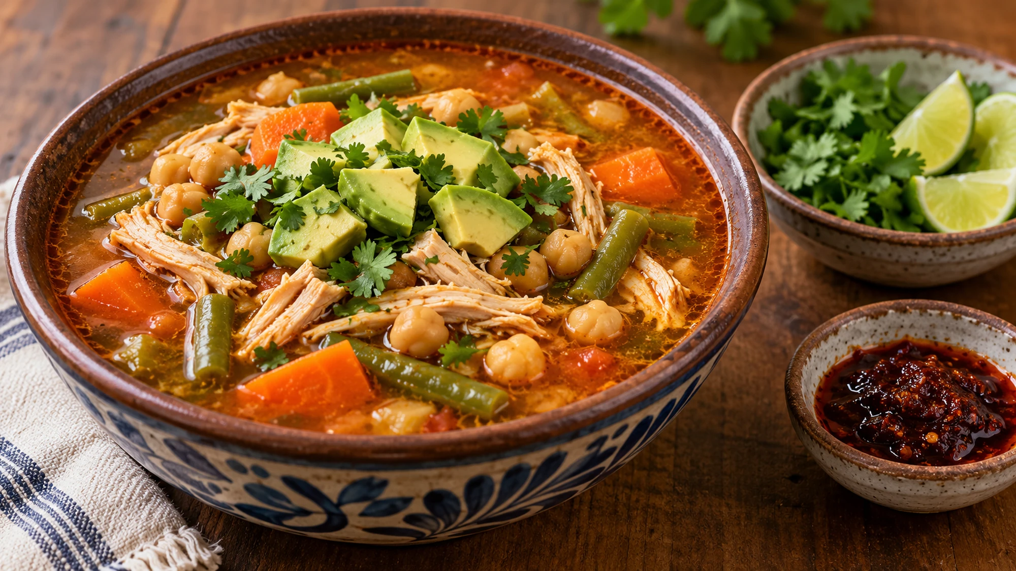Caldo tlalpeño served with fresh avocado, lime and cilantro