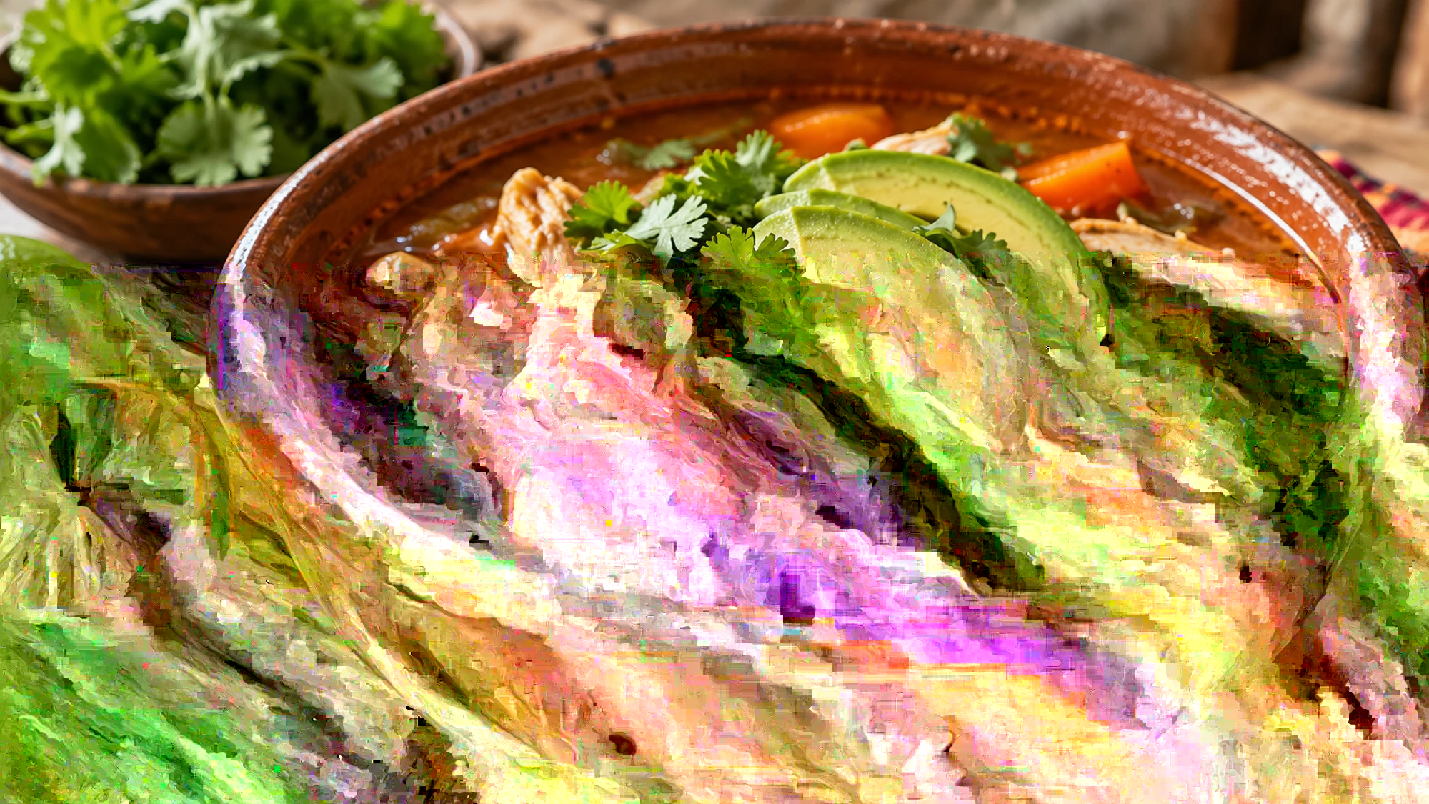 Caldo tlalpeño with shredded chicken, chickpeas and avocado