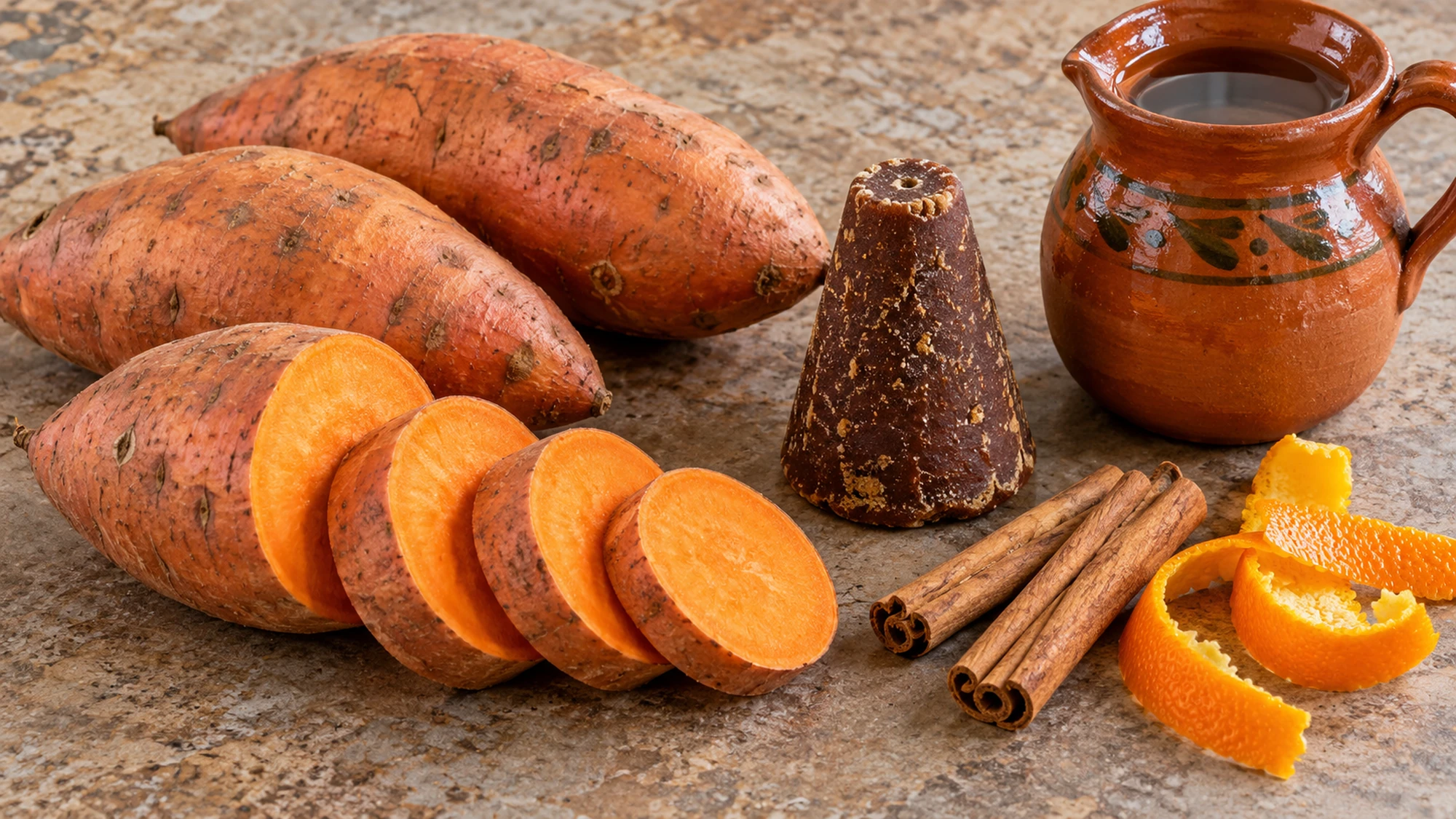 Camotes en dulce ingredients with sweet potatoes, piloncillo, cinnamon and orange peel